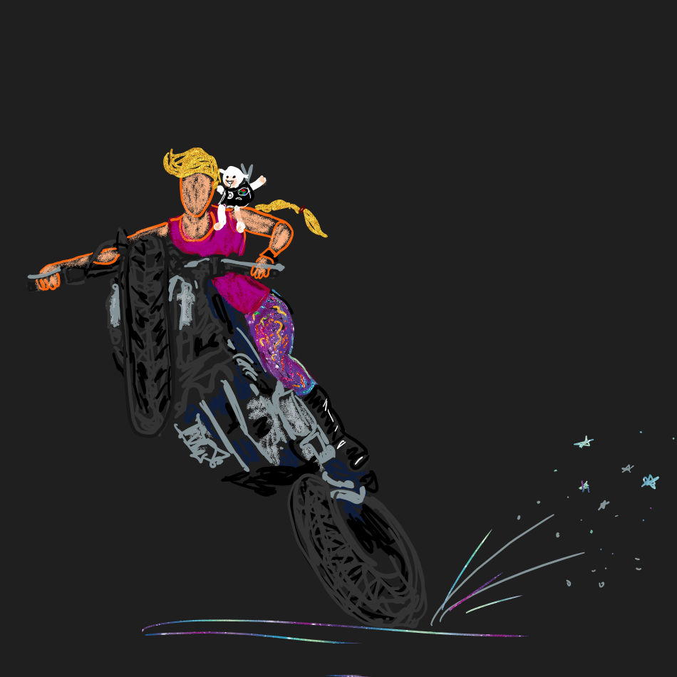 Drawing of a faceless person on a motorbike